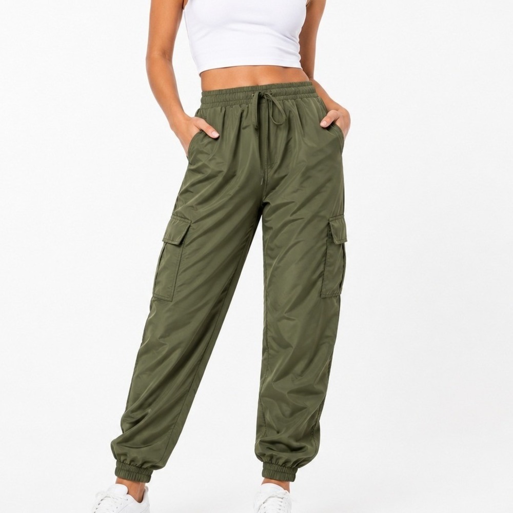 Olive Green Cargo Jogger Pants Elastic Waist‎ Utility Streetwear Unisex Small